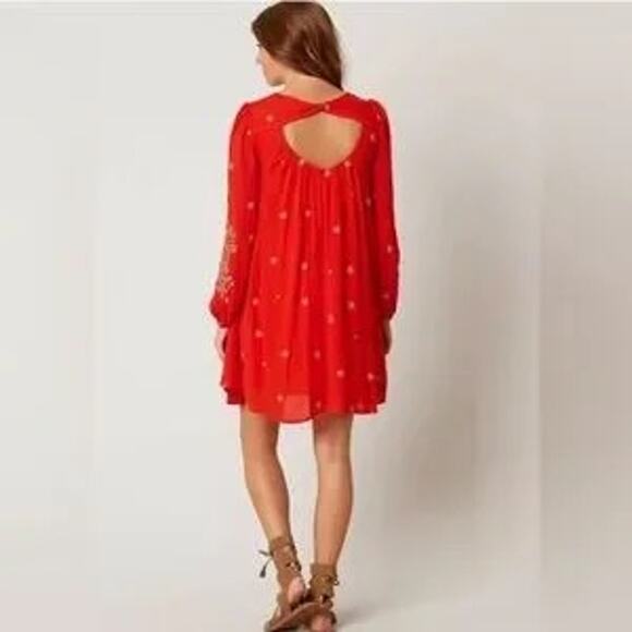 Free People Sweet Tennessee Red Dress. Embroidered mini boho dress. - Picture 6 of 7